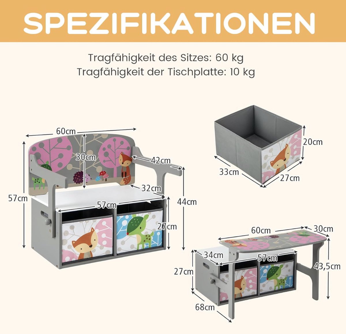3-in-1 kindertafel met bankje, kinderzitgroep met 2 afneembare manden, kinderbank met opbergruimte, speelgoedkist met rugleuning, zitkist voor kinderkamer, grijs