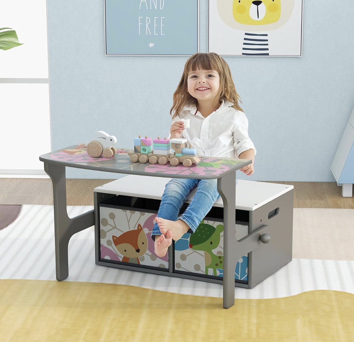 3-in-1 kindertafel met bankje, kinderzitgroep met 2 uitneembare manden, kinderbankje met opbergruimte, speelgoedkist met rugleuning, zitkist voor kinderkamer, grijs
