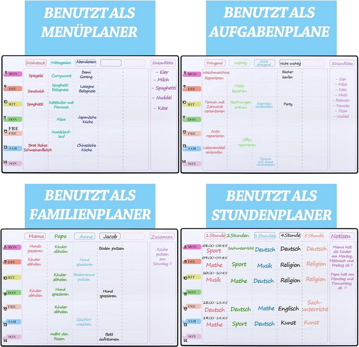Whiteboard Familieweekplanner Maandplanner Dagplanner To-Do-Lijst - Afwasbaar Magneetbord voor Koelkast - Maandkalender Memobord Afsprakenplanner in het Duits - Magnetisch