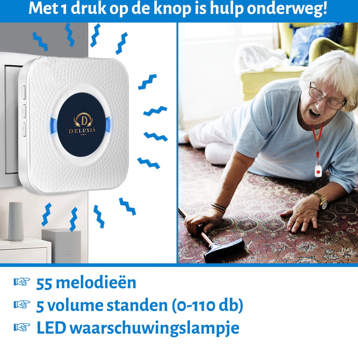 Alarmknop - SOS knop voor Senioren - Vaste Ontvanger - Senioren Alarm - Personenalarmering - Paniekknop - Persoonlijke Alarmen - Alarmknop Voor Ouderen en Hulpbehoevenden - Noodknop - Noodoproepknop