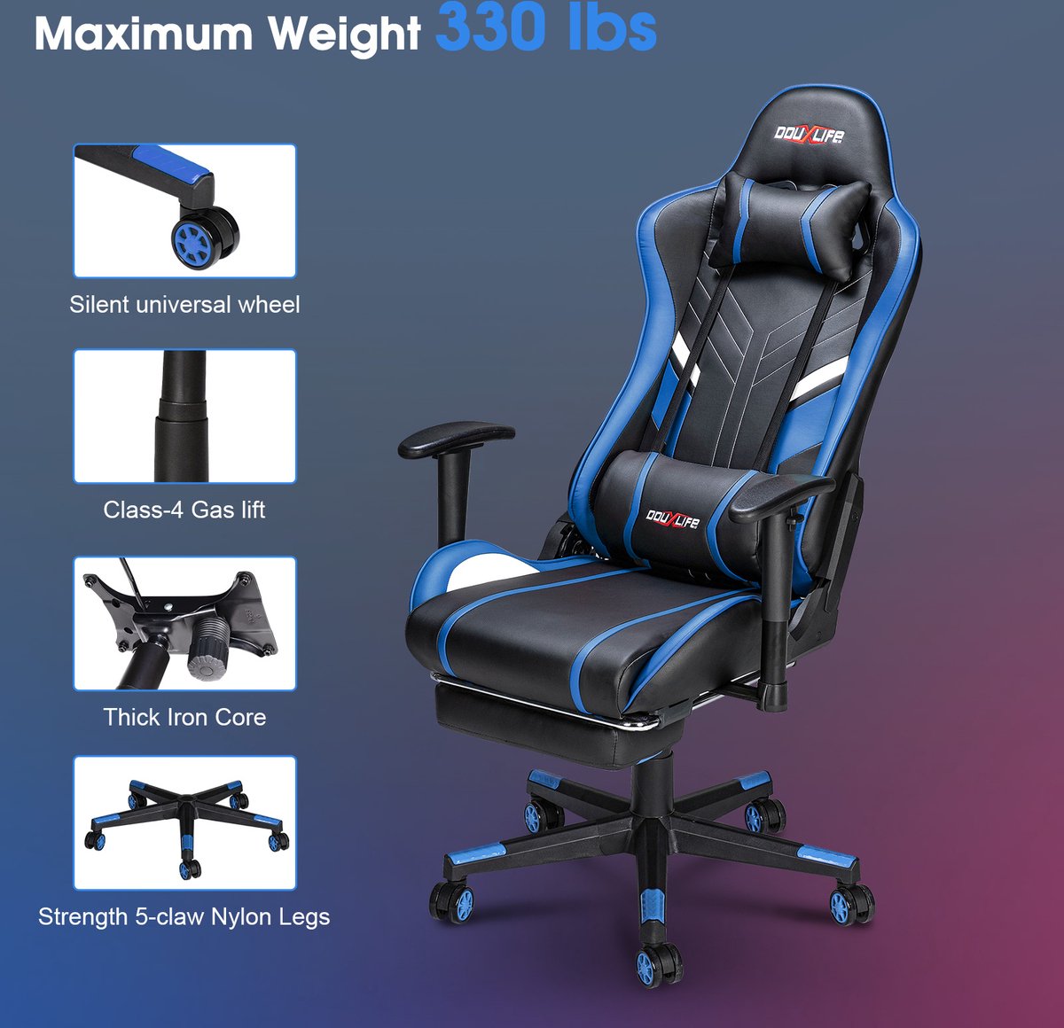 PU Massagestoel met voetenbank - Ergonomische Gamestoel - 175° - Bureaustoel - Blauw&Zwart