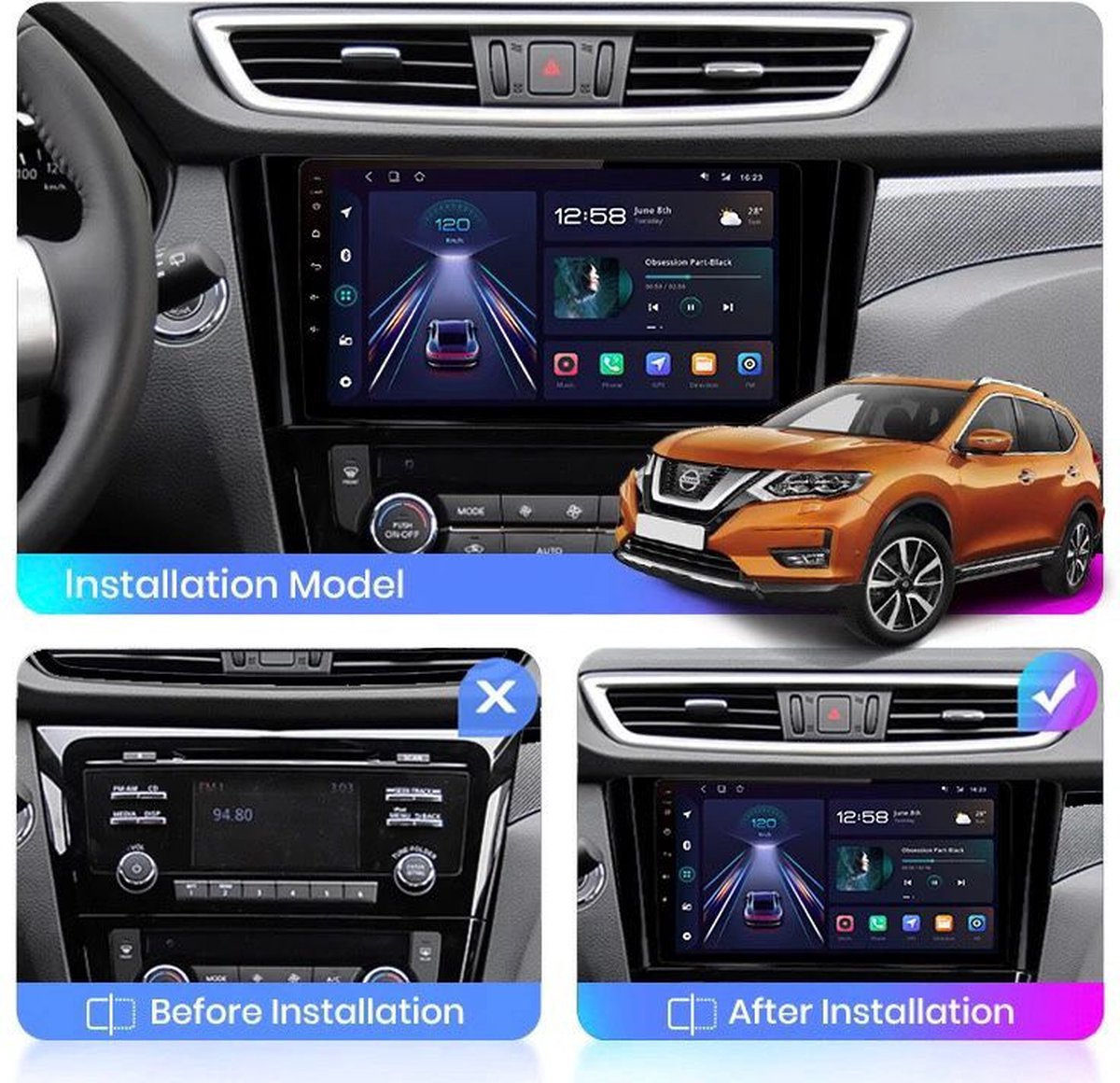 Nissan Qashqai Octa Core Android 10 navigatie 2014-2021 CarPlay Bluetooth USB 2+32GB