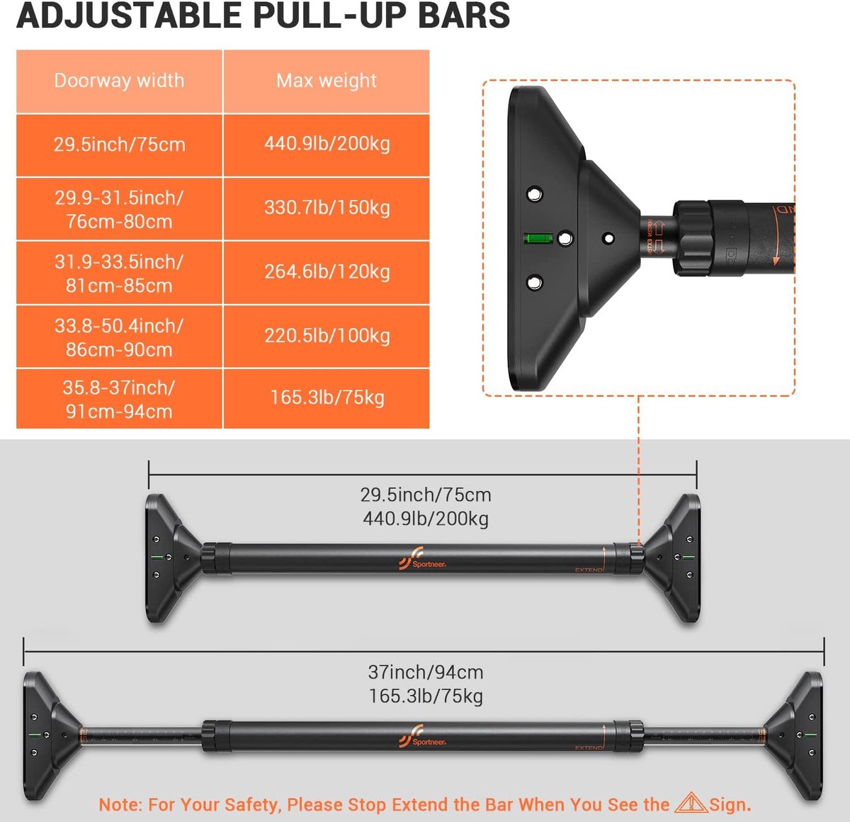 Adjustable Doorframe Pull Up Bar - No Screws - Up to 200kg - Sportneer