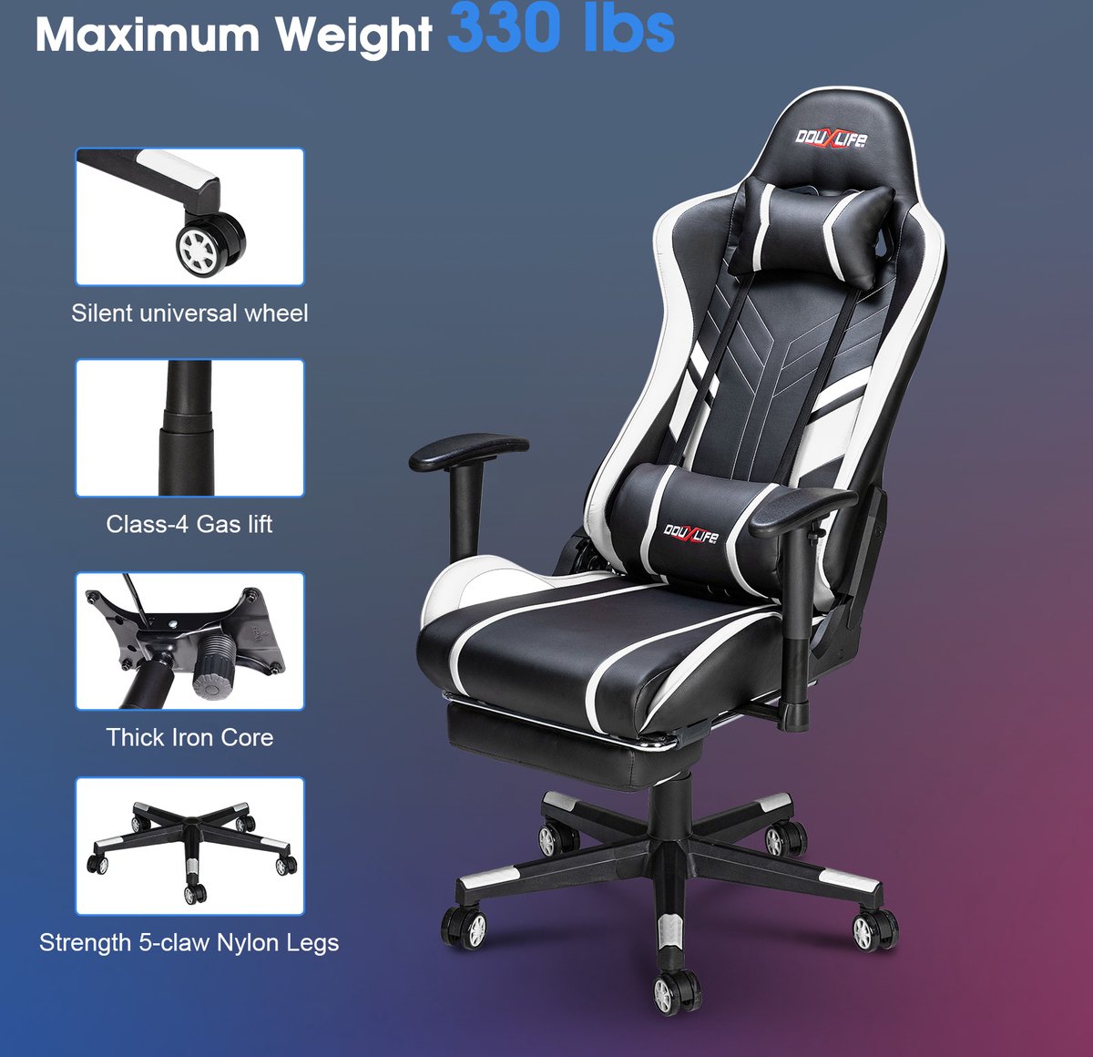 PU Massage Gaming Chair with Footrest - Ergonomic Gaming Chair - 175° - Office Chair - White&Black