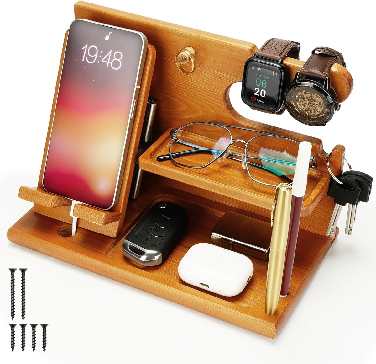 Light Brown Wooden Docking Station - Nightstand Organizer - for Storing Phone, Wallets, Watches, Gadgets and Keys - Gifts for Men - Accessories for Him/Dad