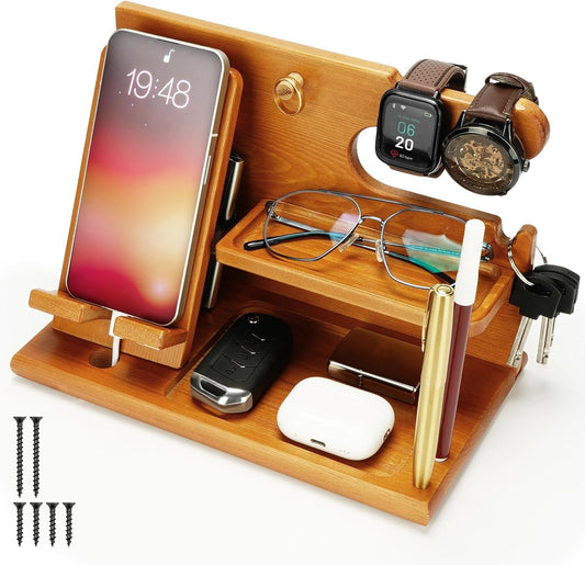 Light Brown Wooden Docking Station - Nightstand Organizer - for Storing Phone, Wallets, Watches, Gadgets and Keys - Gifts for Men - Accessories for Him/Dad