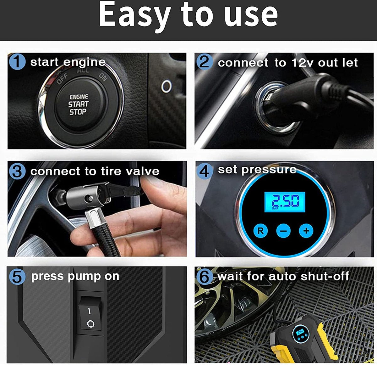 Digital Air Compressor for Car - Portable Tire Inflator with LED Light 12V