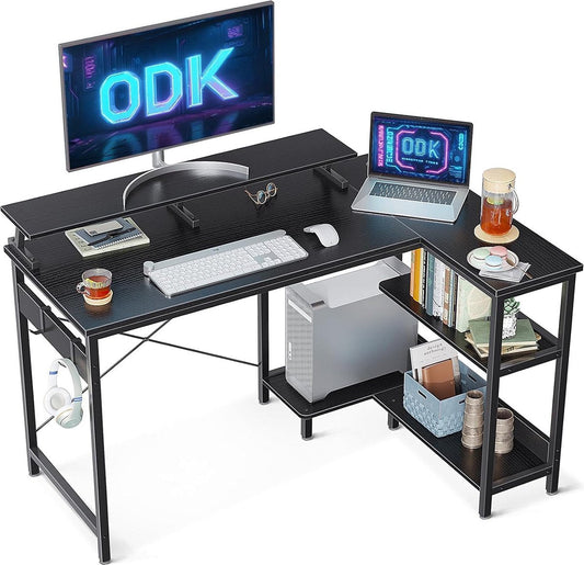 Zwart hoekbureau, L-vormig bureau met rek, omkeerbaar, gametafel, L-vorm met lange monitorstandaard, computerbureau, L-vormig, pc-tafel, kantoortafel voor thuiskantoor, 120 x 80 x 88 cm