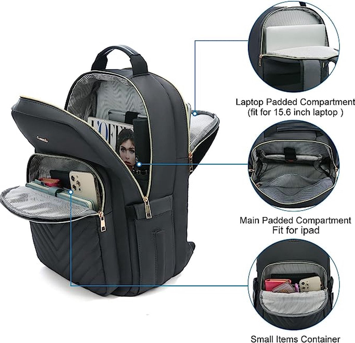Laptoprugzak voor dames, 15,6 inch, waterdicht, schoolrugzak, voor meisjes en tieners, met laptopvak en USB-oplaadaansluiting, elegant, voor school, universiteit, reizen, werk