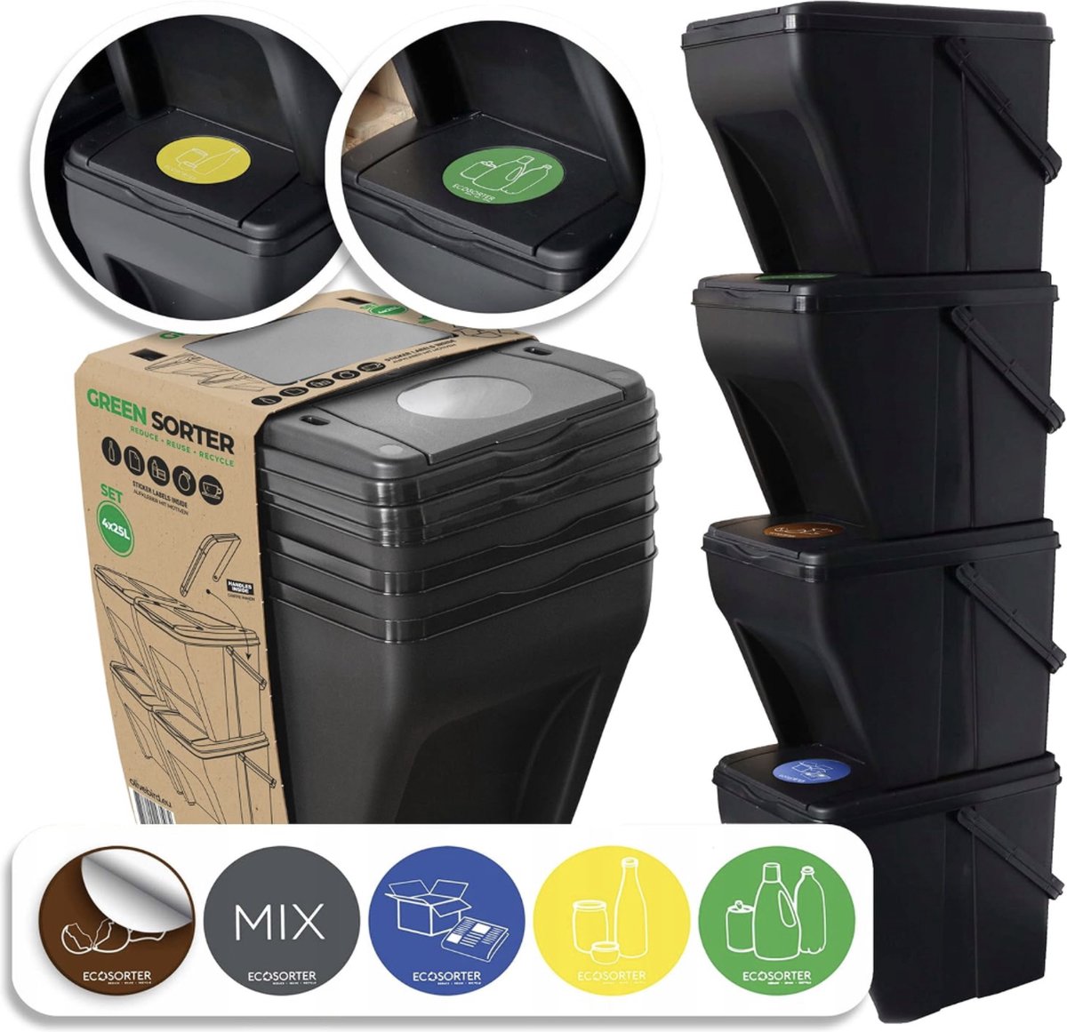 Afvalscheidingssysteem met 4 vakken van 100 l - 4 x 25 l groen, afvalscheider met 5 stickers, gekleurde afvalscheider voor biologisch afval, papier en glas, afvalscheidingssysteem voor in de keuken