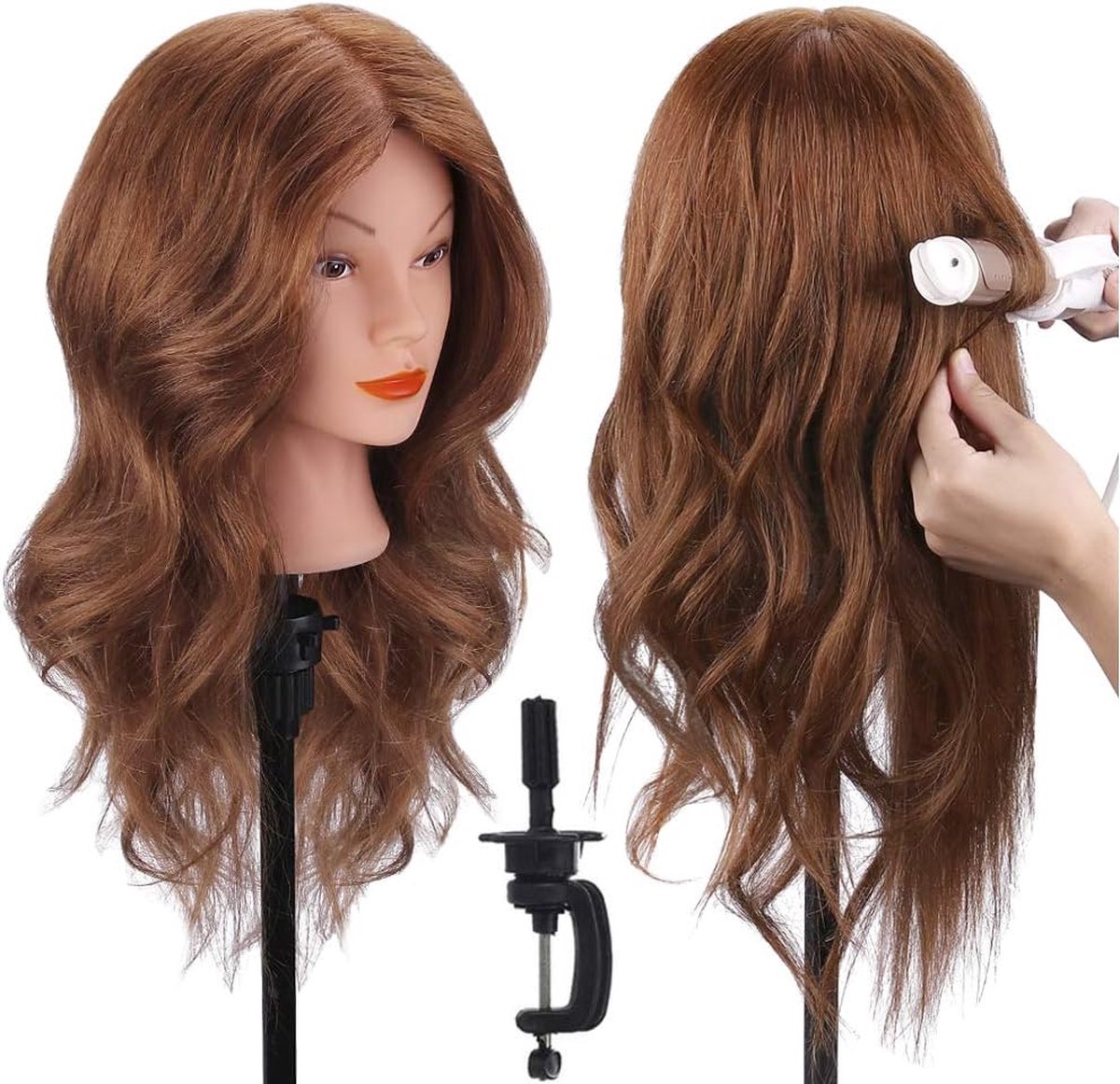Mannequin Head for Hairdressers with Real Hair Including Clamps approx. 46 cm - TopDirect - Hairdressing Training Head