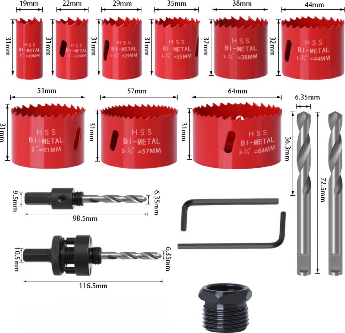 16-delige dozenboorset - Zeskant adapter - Kroonboor - Dozenboorset - Boren - Gatenboor - Gatenzaag - Centreerboor - Steen - 19mm - 22mm - 29mm - 35mm - 38mm - 44mm - 51mm - 57mm - 64mm