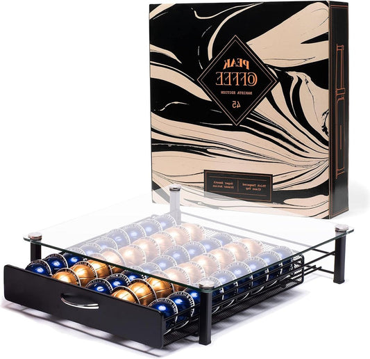 45 Pads Glazen Opbergvak Houder Compatibel met Nespresso Vertuo Vertuoline en Dolce Gusto - Grootste Vertuo Capsule Houder - Peak Coffee