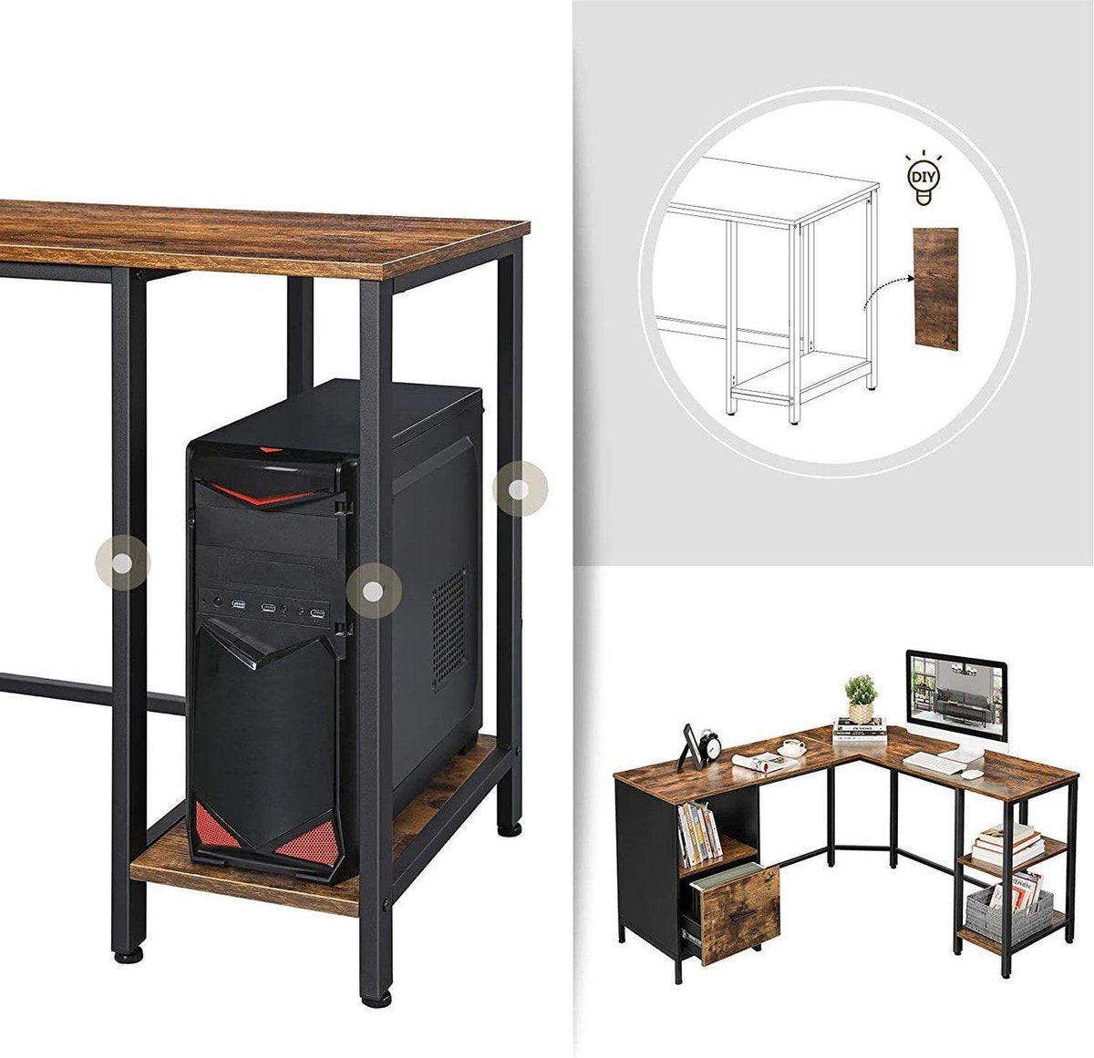 Hoekbureau - Computerbureau - Met Ladeblok - Houten Blad - Industriële Look - Bruin