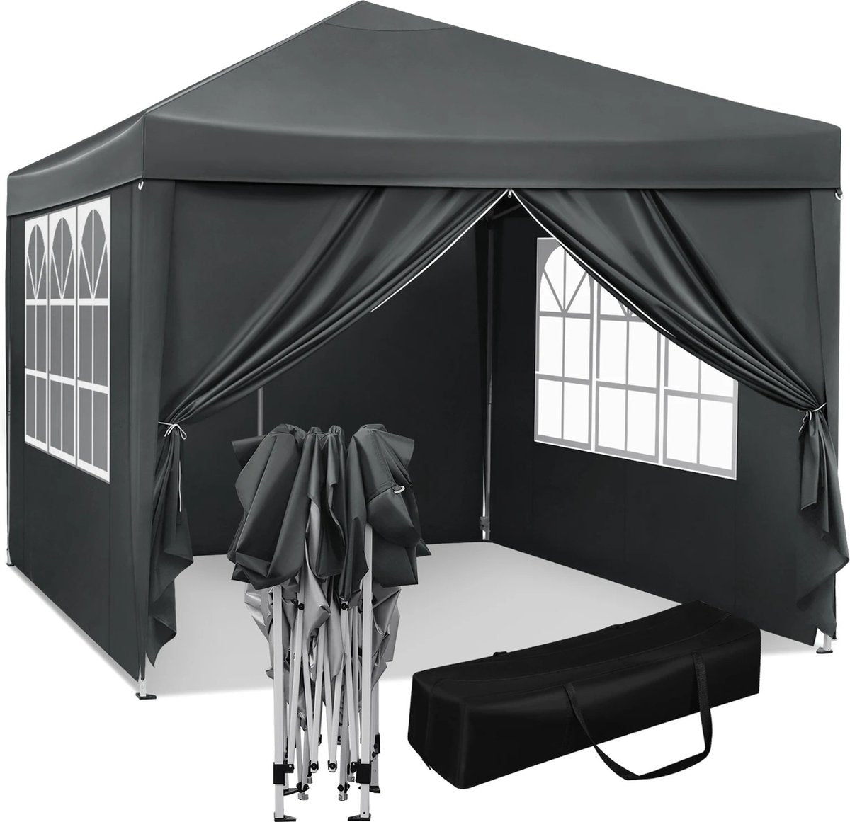 J&R Partytent - Paviljoen - Opvouwbare Luifel - Tuintent - Waterdicht - UV Bescherming - met Draagtas - Pavillon - Prieel - Zijpanelen - 3x3m - Grijs