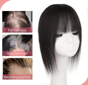 100% Echte haar extensions pruik om grijs haar of kale plek te bedekken of voor meer volume. Zwart haartopper met pony