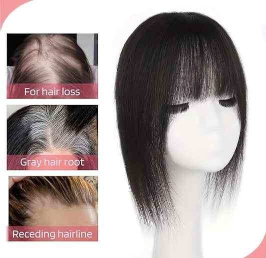100% Echthaar Extensions Pruik zur Abdeckung von grauem Haar oder Glatzen oder für mehr Volumen. Schwarzer Haartopper mit Pony