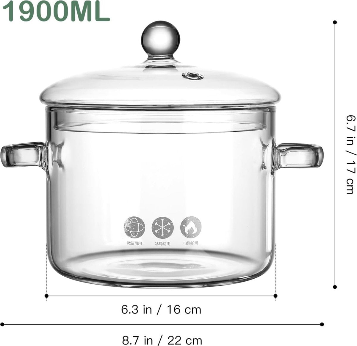 Glass saucepan, 1.9 liter, heat-resistant glass saucepan with lid, saucepan for soup, noodles and baby food