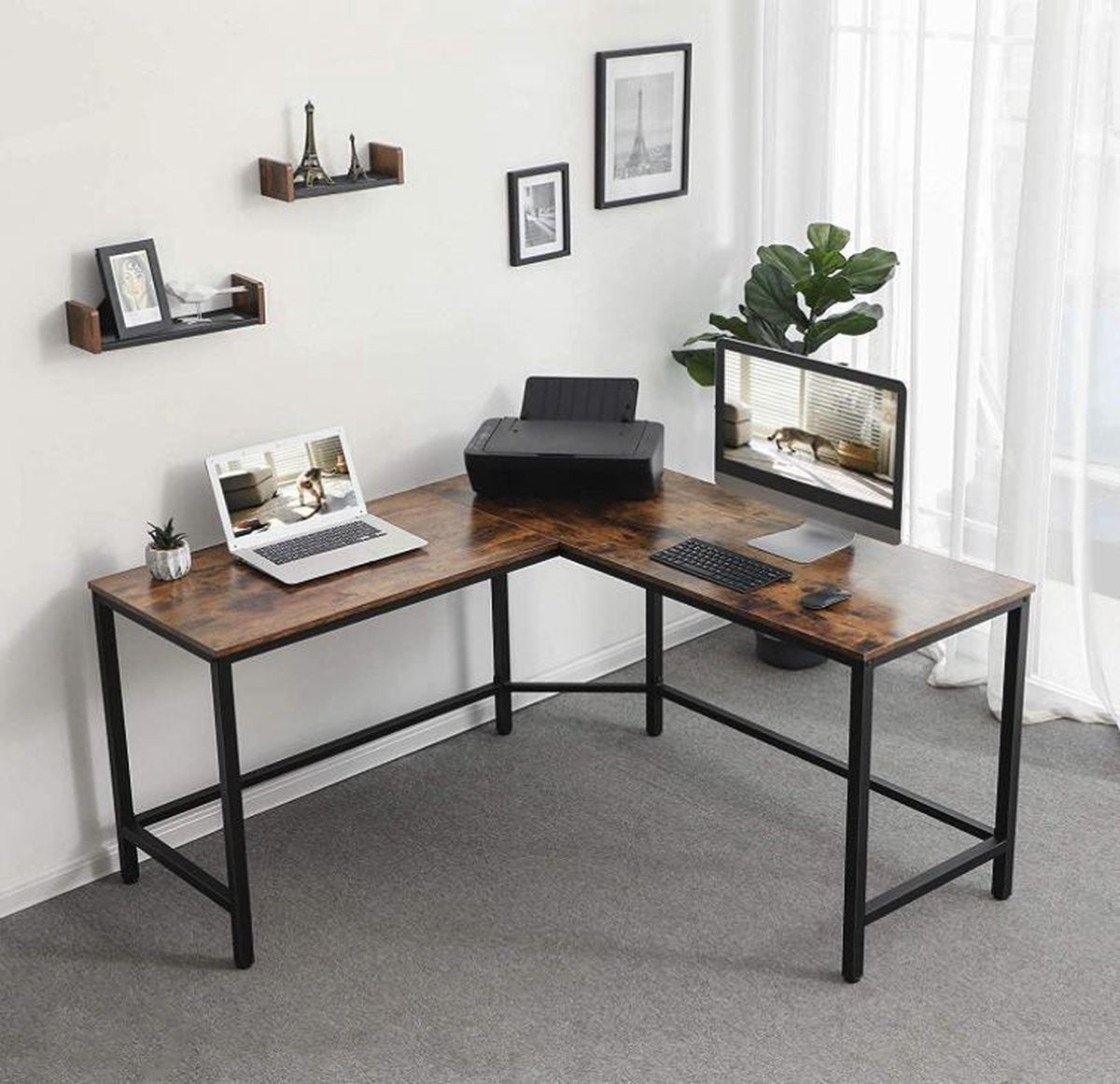 Mazazu Computerbureau - Bureau - Hoekbureau - Laptoptafel - Vintage - Hout/Metaal - Bruin/Zwart - 149x50x75
