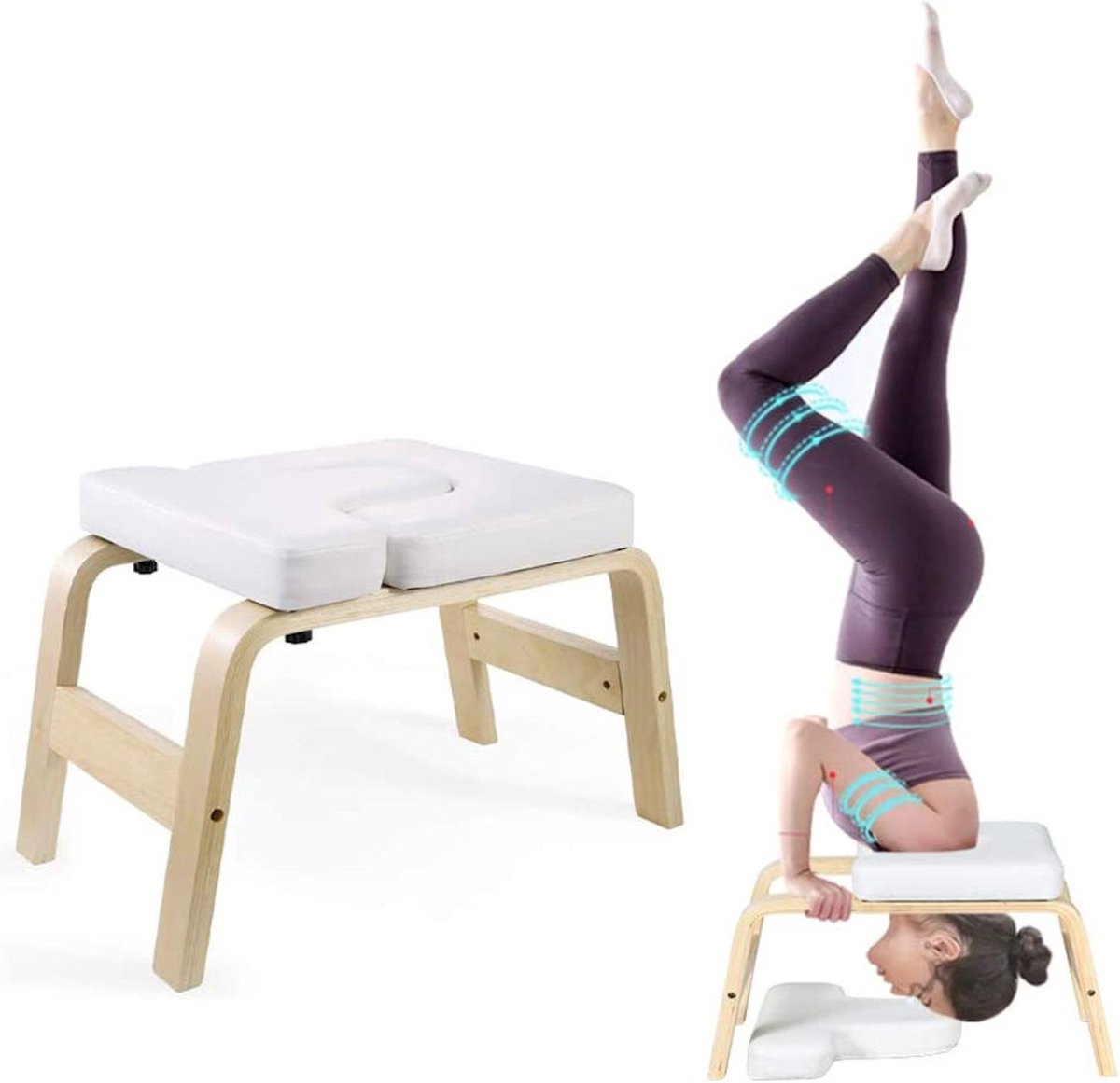 Yoga stoel - Bamboe Inversie stoel - Wit Kussen - Meditatiebankje - Hoofdstandbankje - Yogakruk - Yogaoefeningtrainer - Yogastoel - Handstandtrainer - Omgekeerde Kruk / Stoel