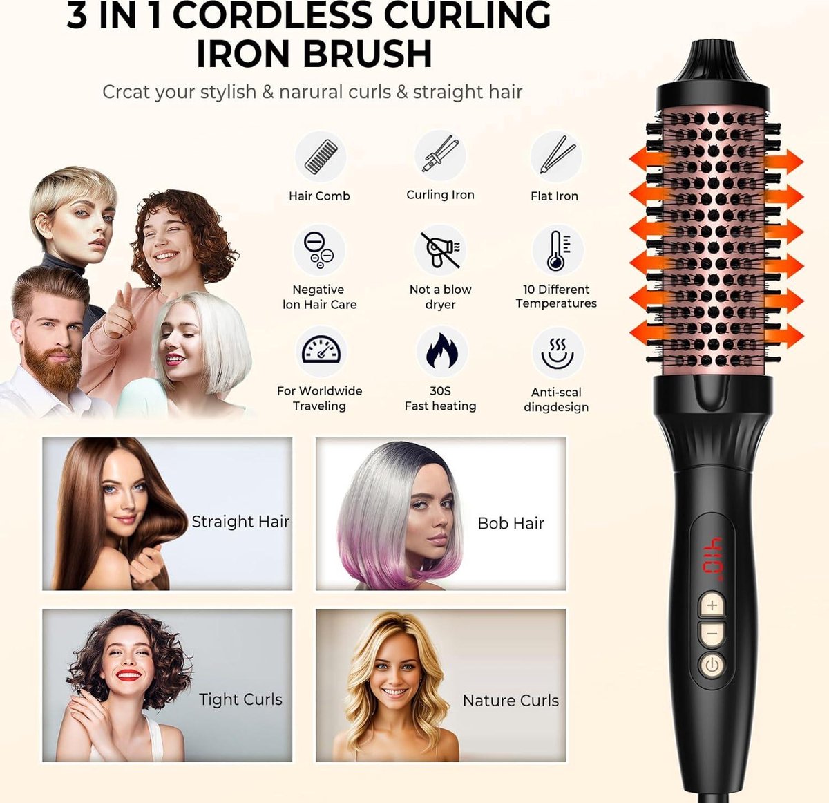 Föhnborstel Thermische Borstel – Ronde verwarmingsborstel met LCD-temperatuurinstelling 120-210 graden – 38 mm thermische borstel 3-in-1 – haarborstel voor volume en styling met dubbele spanning