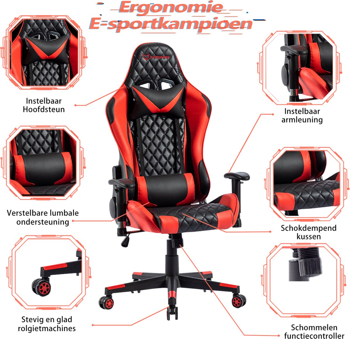 Seven Comfort - Game Stoel - Gaming Stoel - Gaming Chair - Zwart - Bureaustoel Met Nekkussen & Verstelbaar Rugkussen - Instelbare Zithoogte