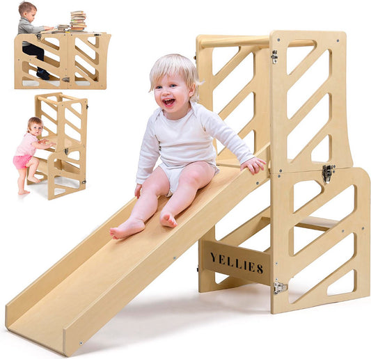 Yellies Leertoren - Learning Tower - Leertoren Keukenhulp - Keukentoren - Montessori Leertoren - 3-in-1 - Opvouwbaar - Inklapbaar - Incl. NL Handleiding - Hout