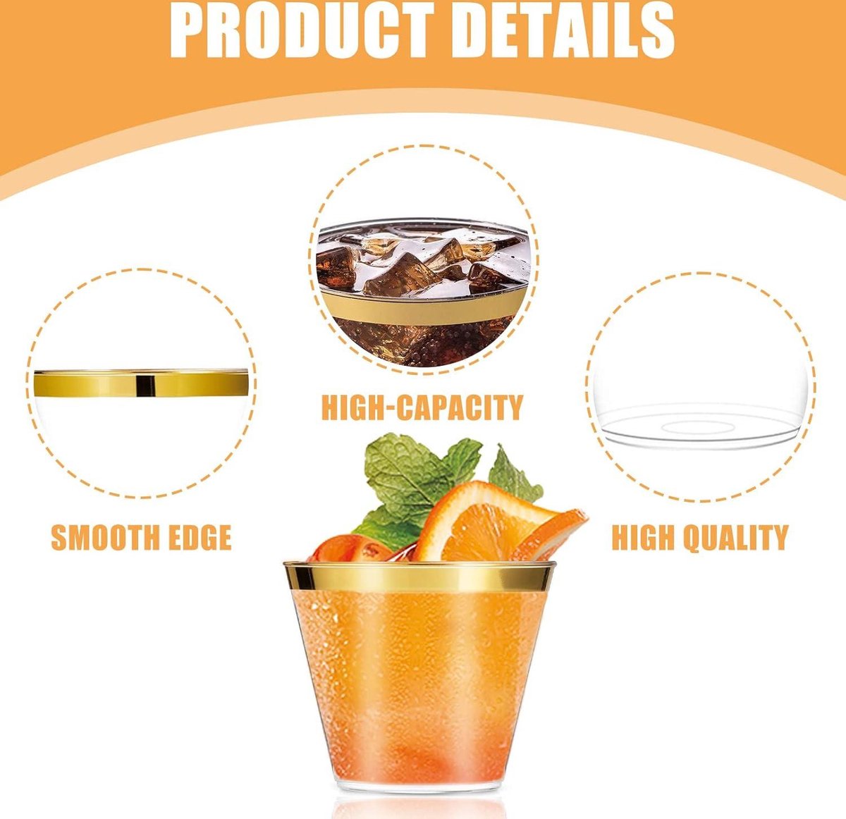 Reusable drinking cups with gold rim - 80 pieces - 270 ml - elegant party glasses - for home decoration party wedding - birthday picnic shot glasses plastic disposable