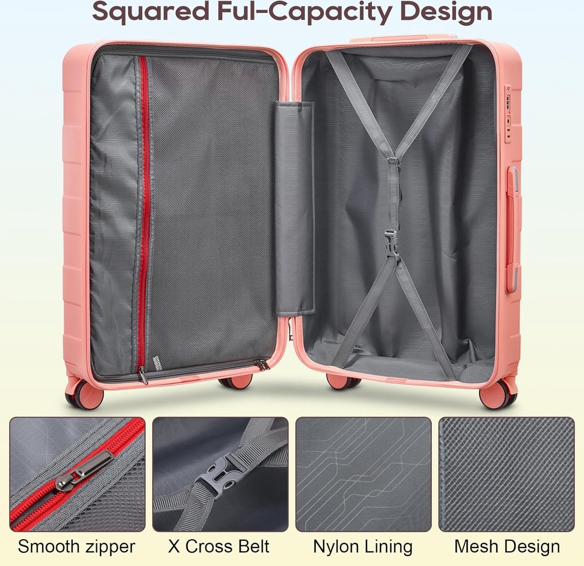 3-delige bagagesets, koffer met spinnerwielen, bagageset voor dames, lichtgewicht wielen, bagage met TSA-slot, roze
