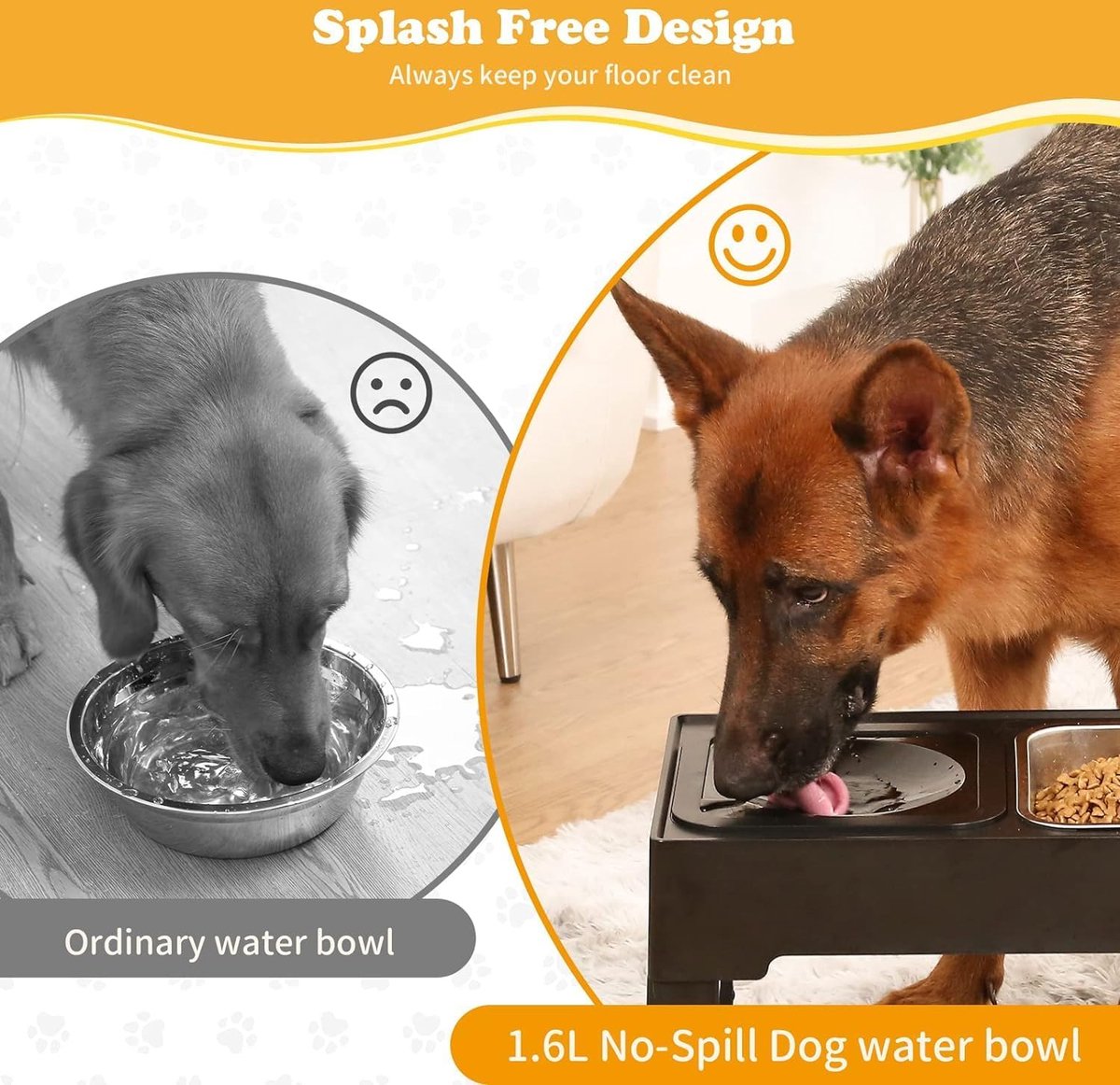 Elevated Dog Bowl (2 x 1.6 L), 4-Way Adjustable Height Food Stand with Dog Bowl, Stainless Steel and Leak-Proof Water Bowl, Foldable and Non-Slip Feeder for Dogs, Raised for