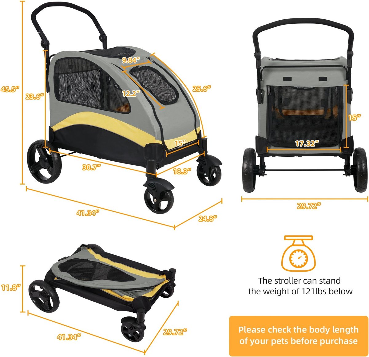 RM Store® - Grote Hond Wandelwagen - 4 Wielen Huisdier Trolley - Verstelbare Hendel - Opvouwbaar - Max. 55KG - Grijs + Geel