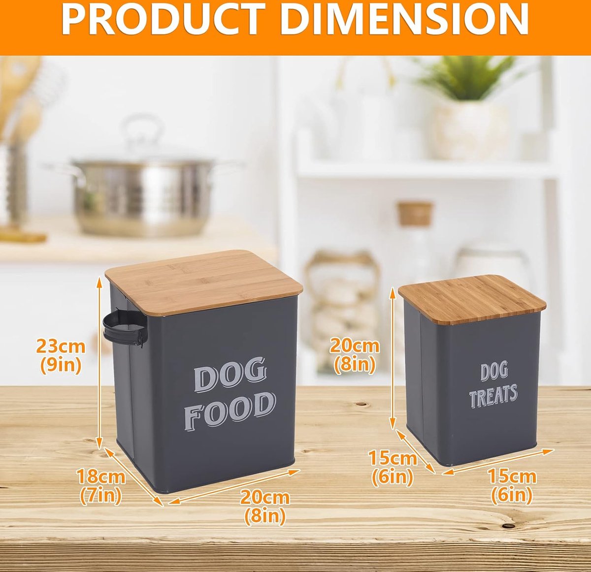 Pet Food Container, Hondenvoer Opslagbak, Voedselcontainer met Schep en Luchtdicht Houten Deksel, Voedselopslag en Organisatie-Grijs