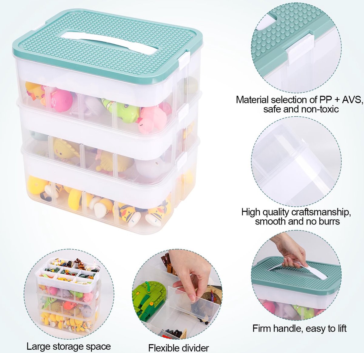 Opbergdoos voor speelgoed, organizer voor Lego, 3-laags, stapelbaar, bouwstenen-container, onderverdeeld, baksteen, puzzel-sorteerder, speelgoedsorteerdoos, opbergcontainer (olijfgroen)