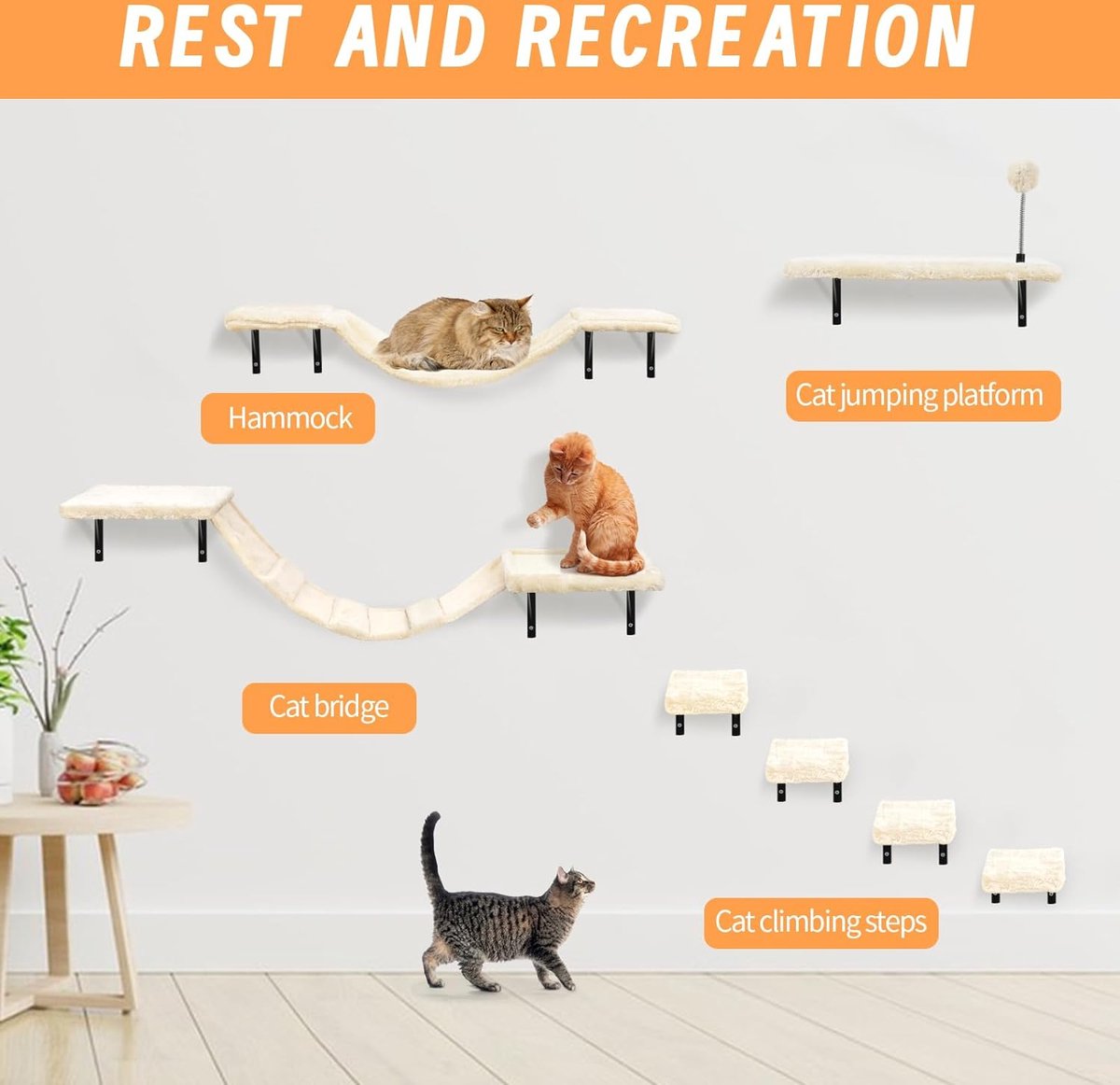 Cat Climbing Wall Set with Scratching Post Hammock, Cat Cave Wall, Cat Bridge, Scratching Board, and Scratching Post - 7-Piece Wooden Cat Furniture for Cats, Catwalk (Grey)