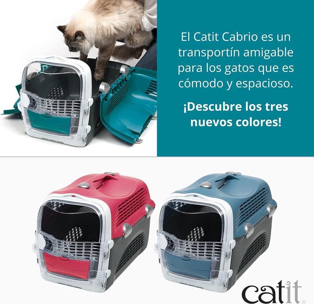 Cat Travel Basket Cabrio Carrier Transport Box for Cats - Turquoise Grey