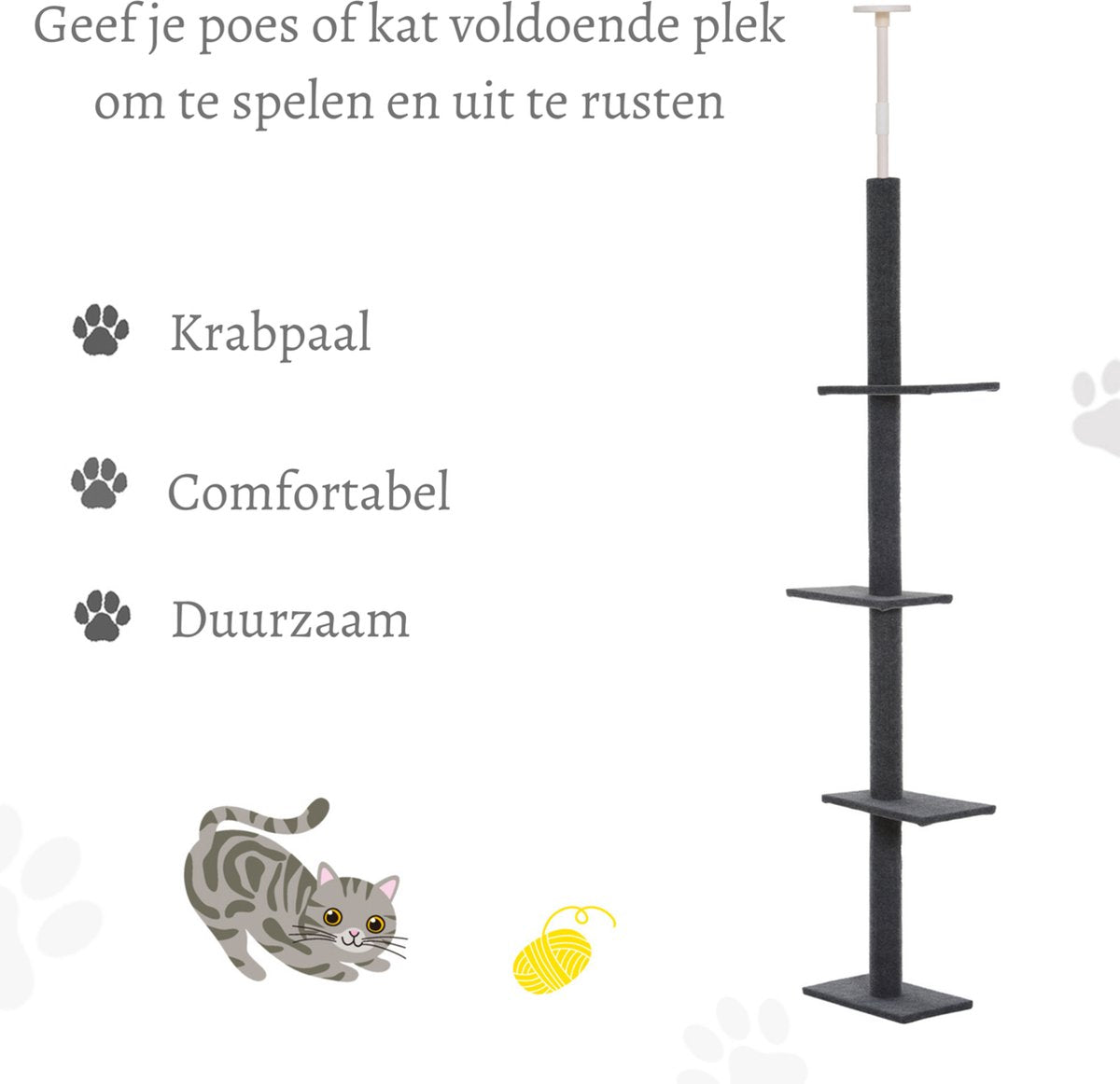 Adjustable Height Cat Tree - Cat Scratcher - Cat Tree for Cats - Cat Toys - Cats - Grey - 43L x 27W x 228-260H cm