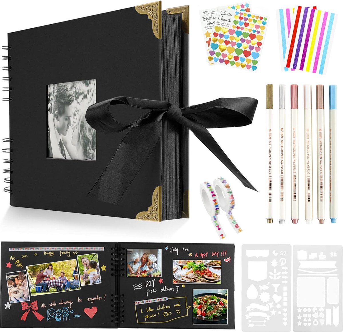 DIY Photo Albums Scrapbook, 80 Pages A4 Handmade Photo Album for Couples with Stickers and Markers for Guest Book, Anniversary, Wedding, Valentine's Day, Black-2 (SB-122)