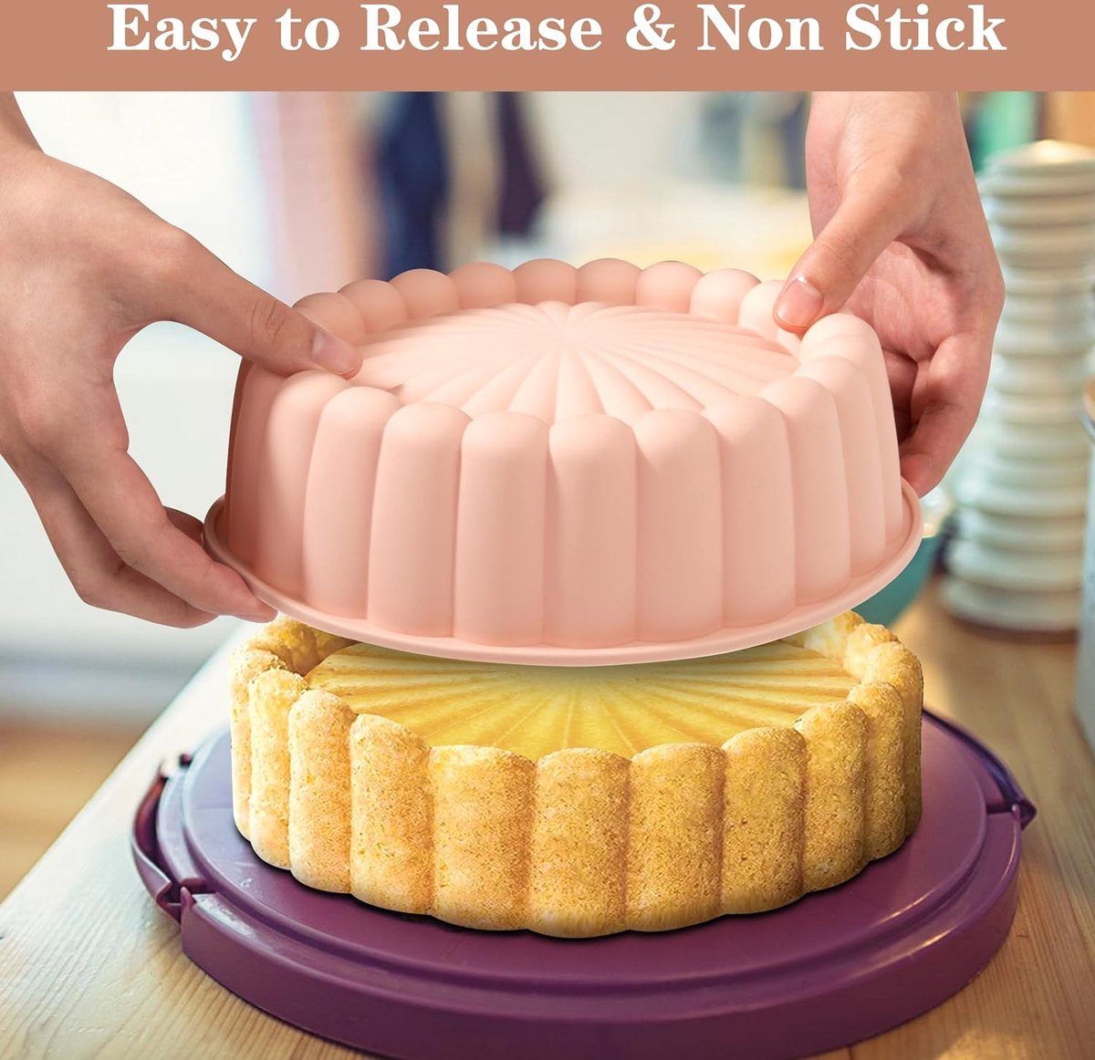 Charlotte siliconen bakvorm 25,4 cm (25,4 cm) cakevorm zonnebloem ronde siliconen vormen anti-aanbak geribbelde cakevorm voor verjaardagsfeest DIY bakgereedschap roze