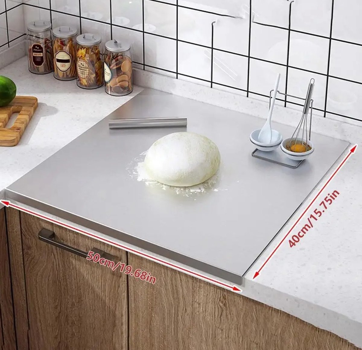 RVS Snijplank met Opstaande Rand - 50x40x1.5 cm - Multifunctionele Keuken Snij- en Bakplank - Aanrecht Bescherming - Ideaal voor Pizza, Voedsel, Gebak en Keuken Accessoires