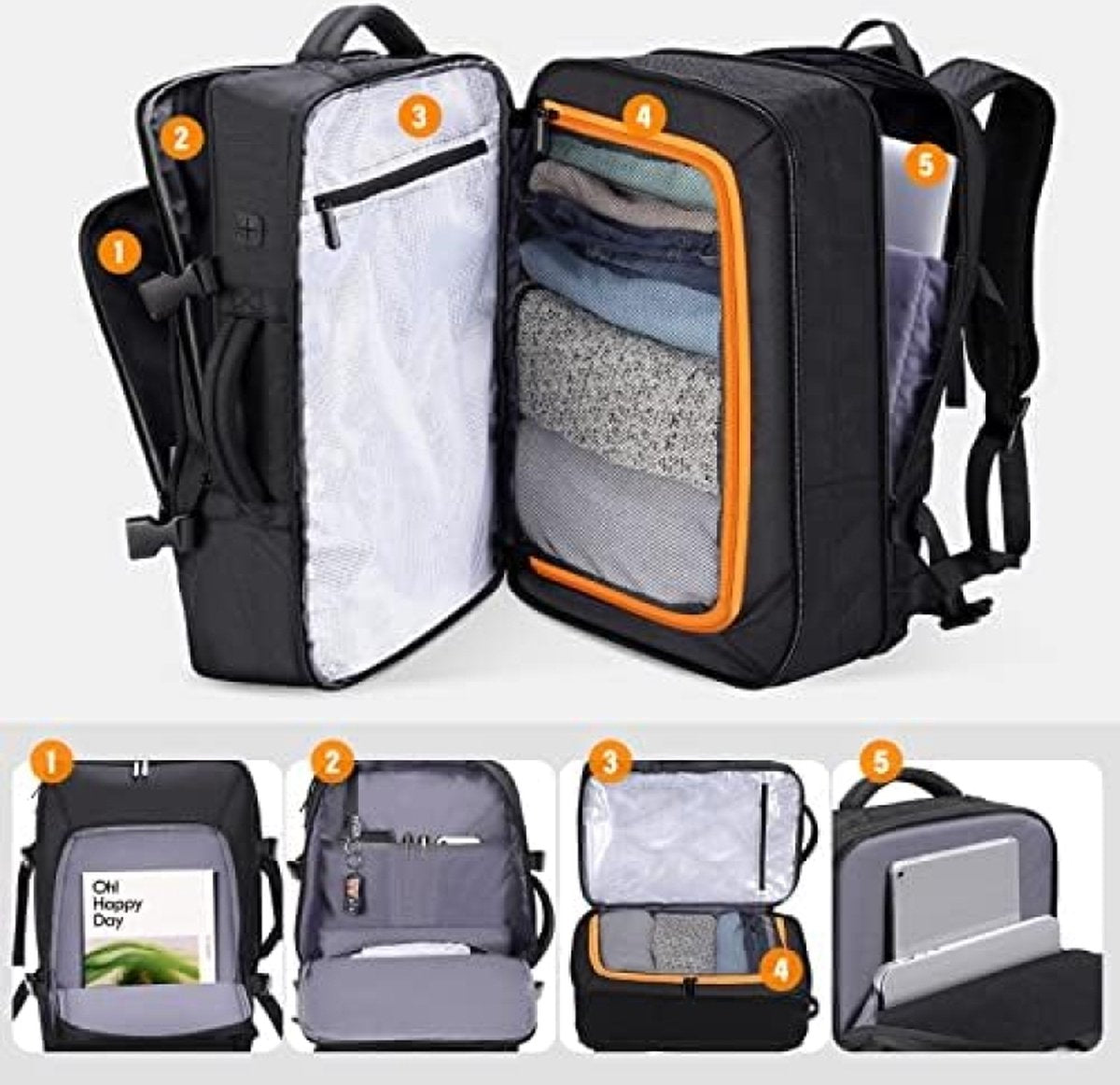 Handbagage, reisrugzak, uitbreidbare rugzak, 38 tot 50 liter, 17,3 inch laptoprugzak, heren, dames, handbagage, vliegtuig, opvouwbare reistas, rugzak, grote reistas, X-Large, Vakantie