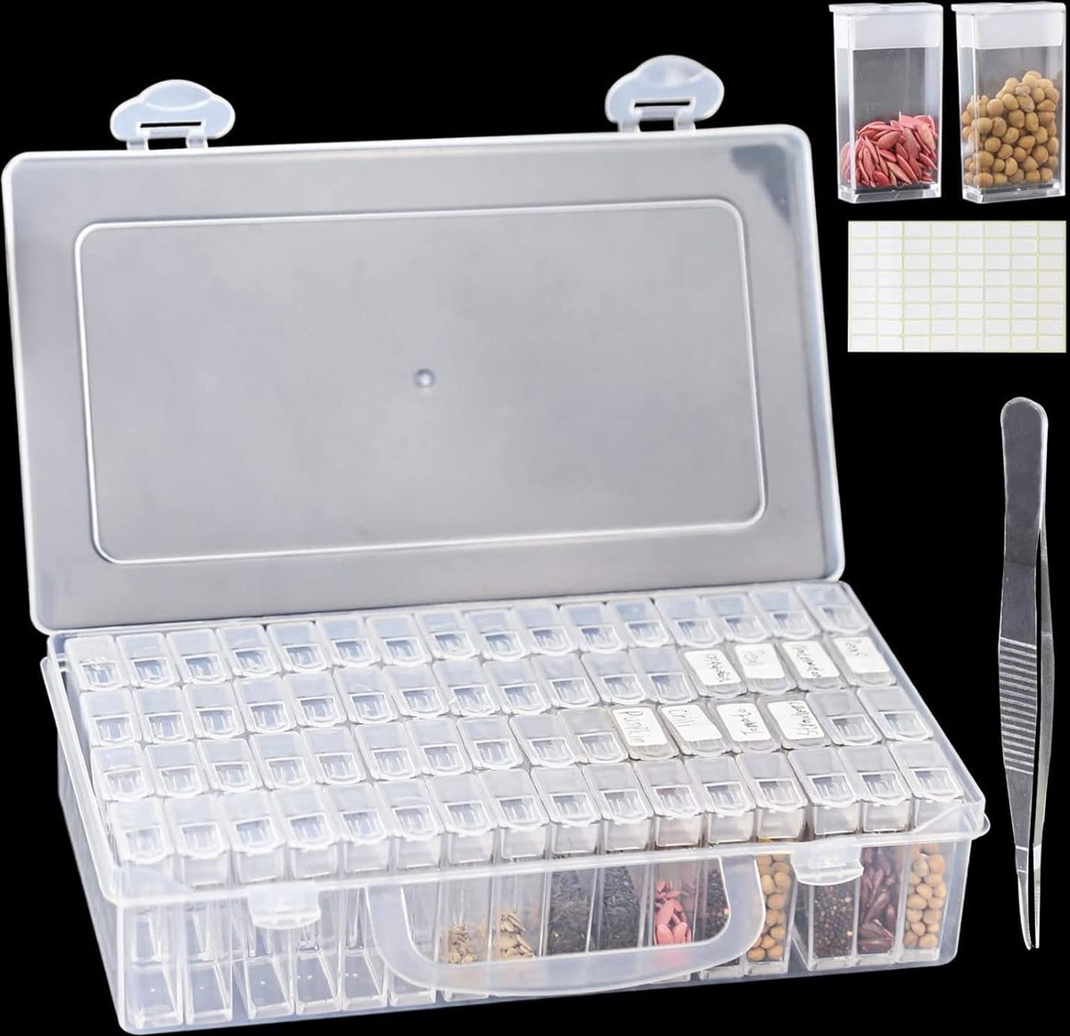 Seed Storage Box, with 64 compartments and 112 stickers, seed tray for flower seeds, vegetable seeds, fruit seeds, pepper seeds, clover seeds, basil seeds, tomato seeds
