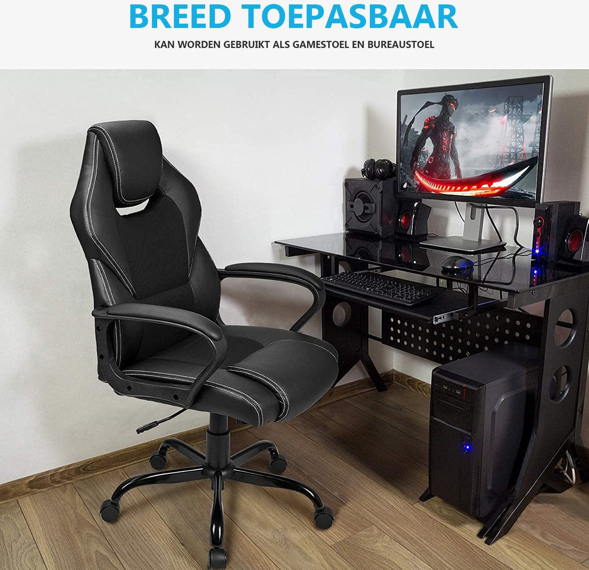 Luxe Ergonomische Bureaustoel Met Kantelmechanisme - Directie Managerstoel Ergonomisch - Ergonomische Luxe Racing Style Design Game Computer Stoel - Voor Gamen/Kantoor/Thuiswerken - Extra Dikke Vulling - Kunstleer - Zwart