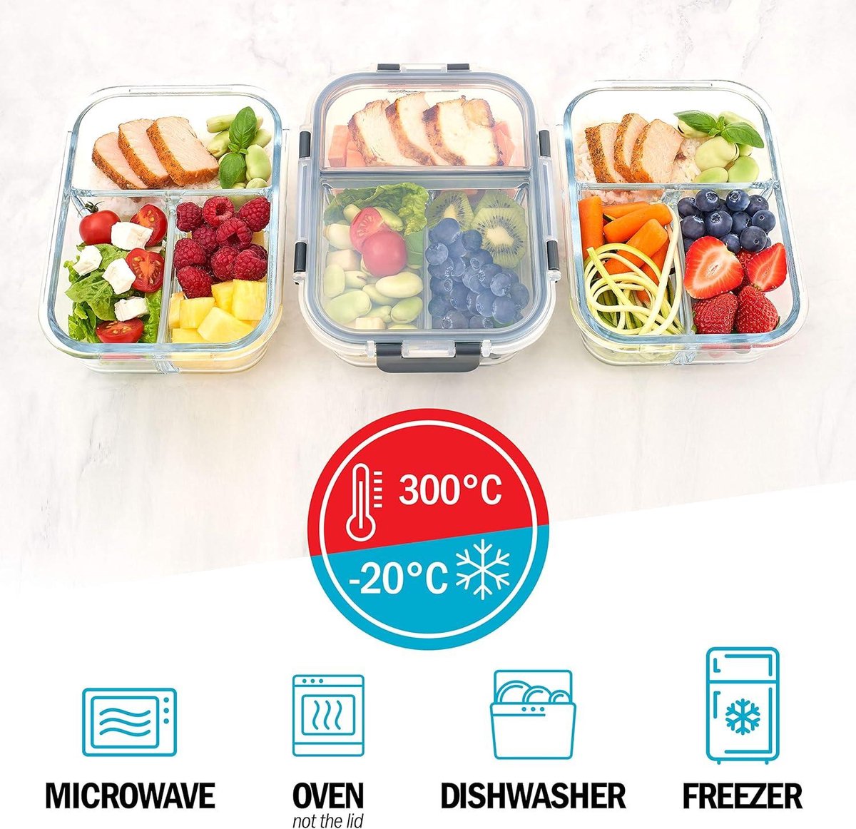 Glass Meal Prep Containers - 3 Compartments - Airtight Snap Lids - BPA Free - Microwave Freezer Dishwasher Safe - Portion Control - Food Storage Container - Set of 3 Meal Prep Containers