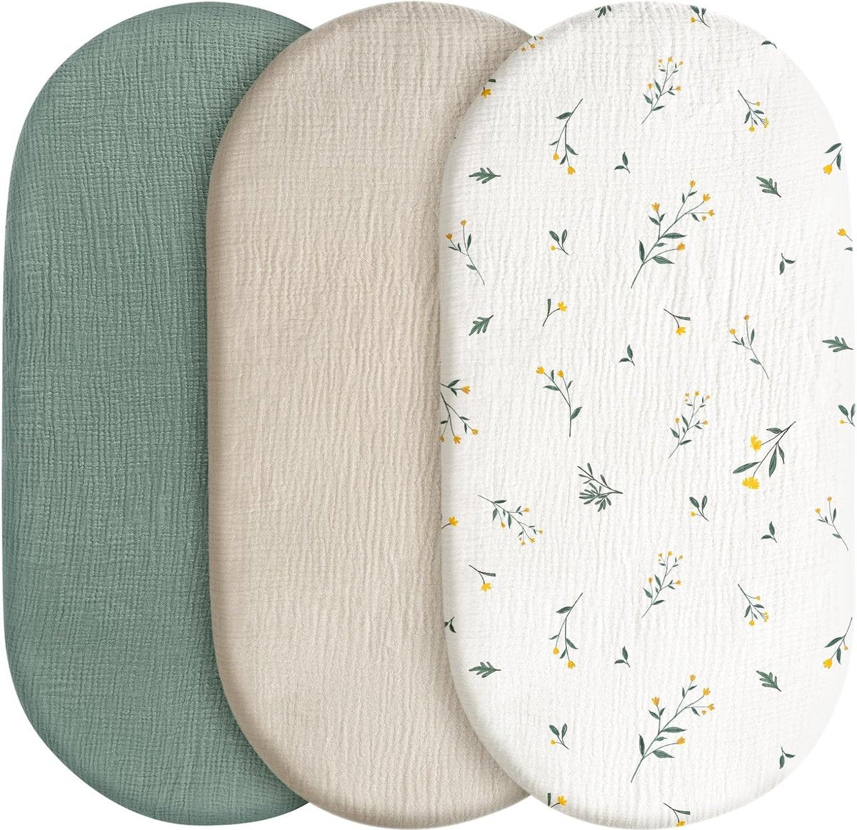 Set van 3 hoeslakens, matrasbeschermers voor boxen, 100% mousseline katoen, zachte en hoogwaardige universele hoeslakens voor kinderwagens. Geboortecadeau (bloemrijk)