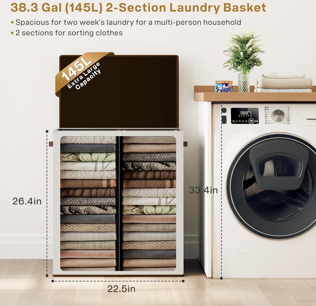 145L double laundry hamper with lid and removable laundry bags - white - large capacity, storage solution