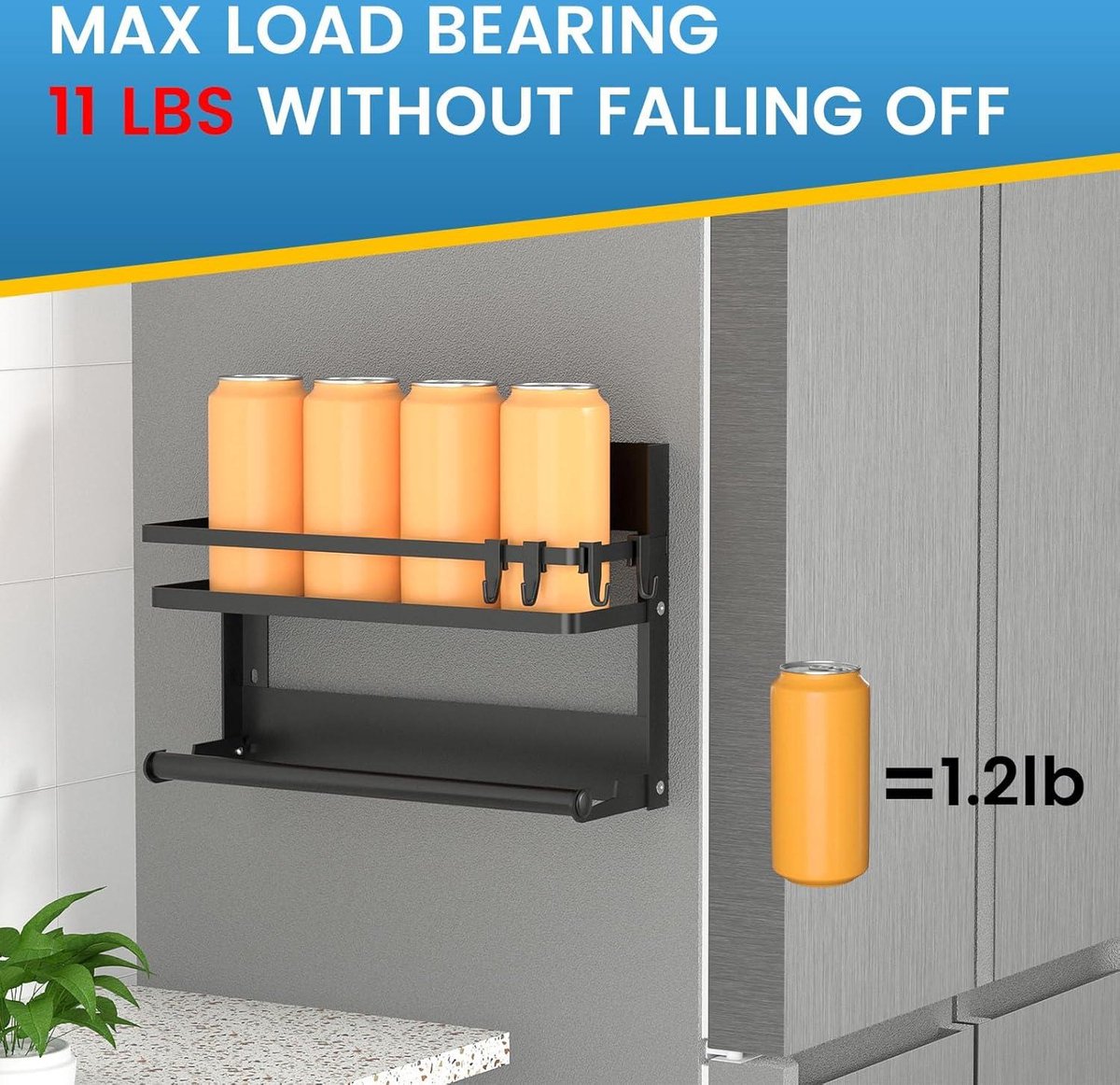 Spice rack - Hanging Kitchen Rack made of Stainless Steel - No Drilling - Black - 4 Hooks kitchen roll holder hanging
