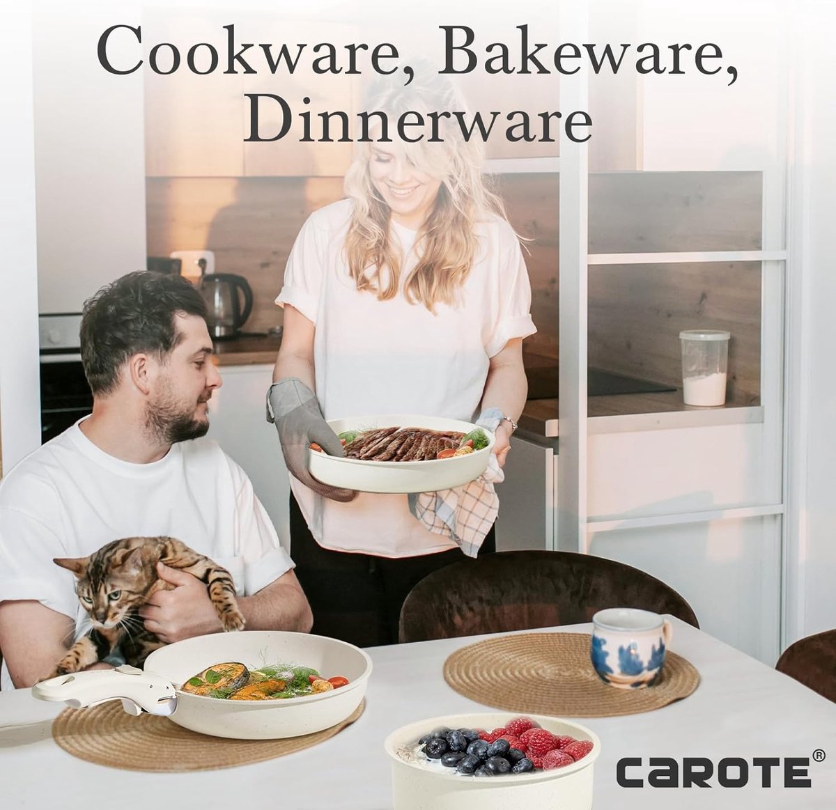 CAROTE Detachable Handle 11-Piece Cookware Set with Non-stick Coating, Suitable for All Hobs, Cookware Sets Can Be Stacked to Save Space (11pcs)