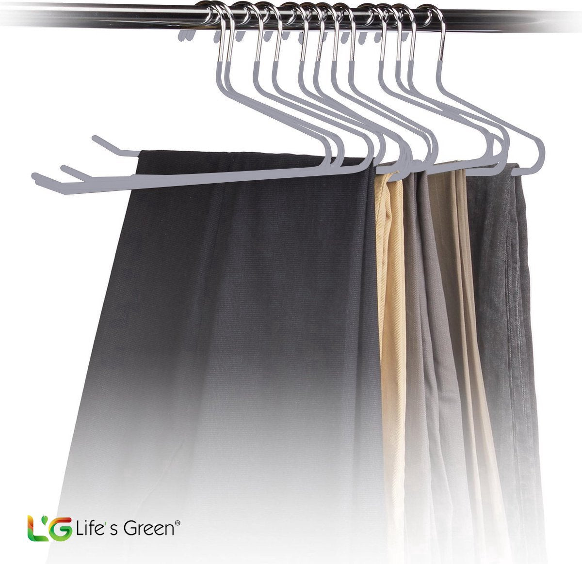 Life’s Green Broekhangers met antislip – Kledinghangers – Klerenhangers – Broek en Rok Houder - Set van 10 stuks - Grijs