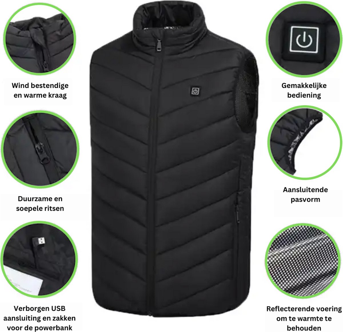 MOZY - Elektrische Bodywarmer - Zwart - Maat XL - tot 45 °C - Wasmachine Bestendig - 3 Niveaus - Zonder Powerbank - Verwarmde Bodywarmer - Unisex - Dames en Heren - Verwarmd Vest - Thermo Vest
