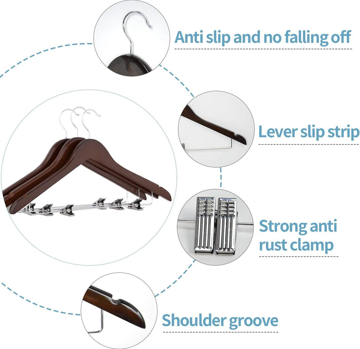 10 stuks 44,5 cm natuurlijke houten kleerhangers met metalen clips, twee inkepingen, 360 graden draaibare haken, kledinghanger, broekhanger, hanger voor broeken, shorts, rok, sokken,